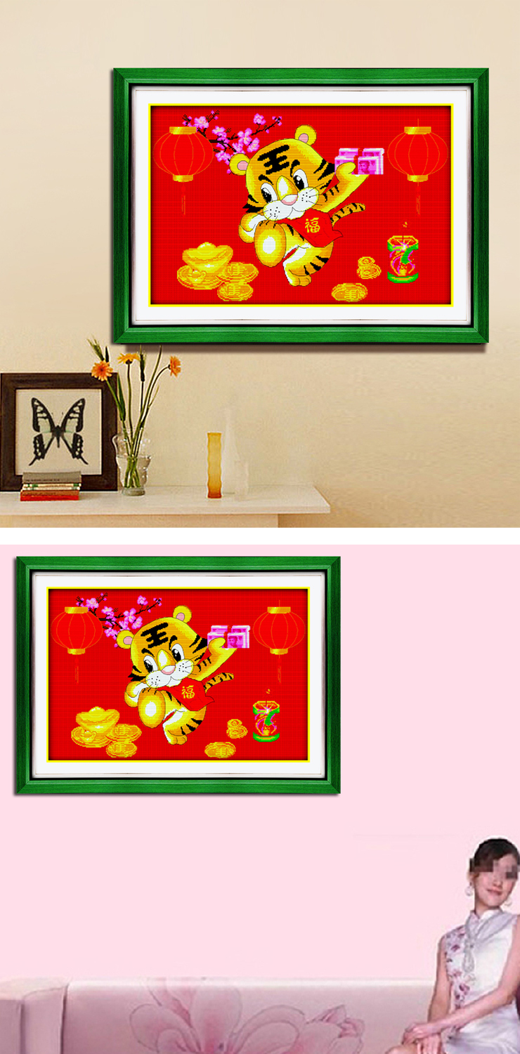 溢彩花语埃及棉,红布画格十字绣931026挂书房 客厅 卧室 挂画五虎闹春