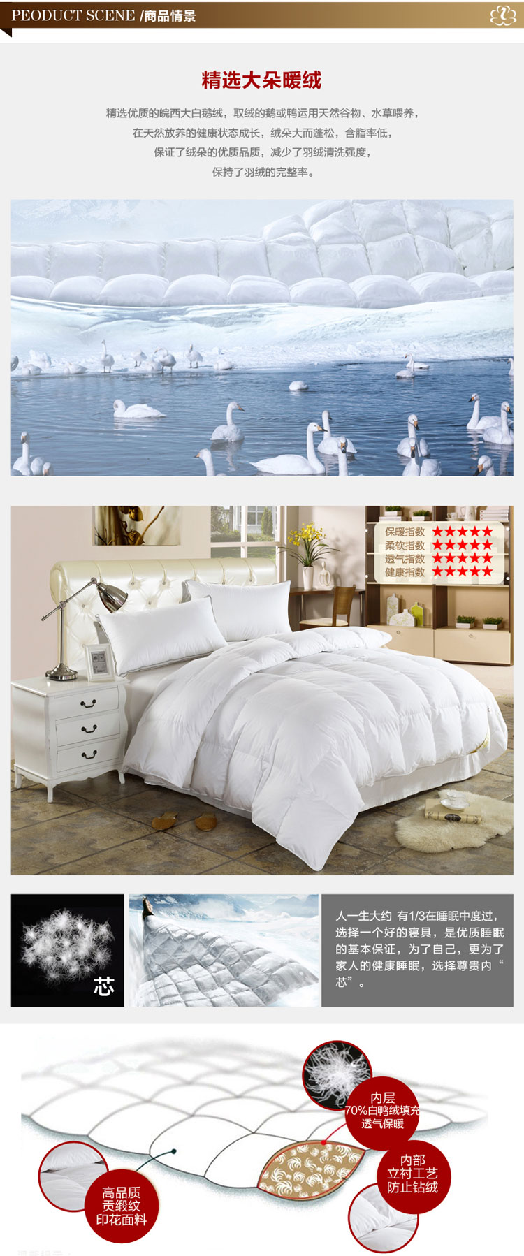 鸿润家纺(honren)70%白鸭绒羽绒被单双人被子冬被床上用品 白色 220
