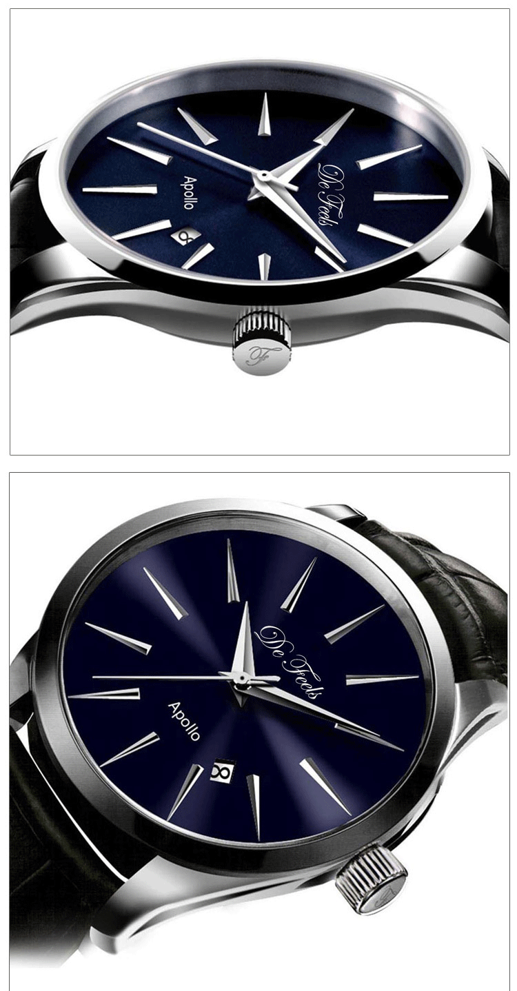 de feels 阿波罗蓝宝石水晶表镜黑盘牛皮带男装手表 f1036gb