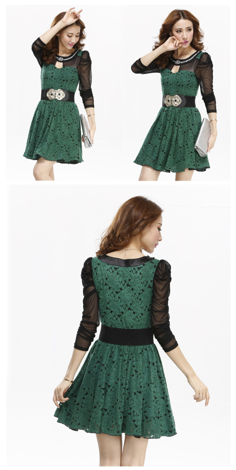 嫒丽思 2014春装新款大码女装 修身大摆镶钻拼接蕾丝网纱长袖品牌