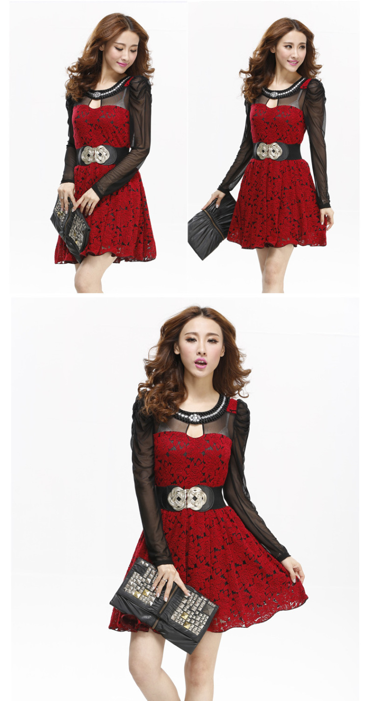 嫒丽思 2014春装新款大码女装 修身大摆镶钻拼接蕾丝网纱长袖品牌