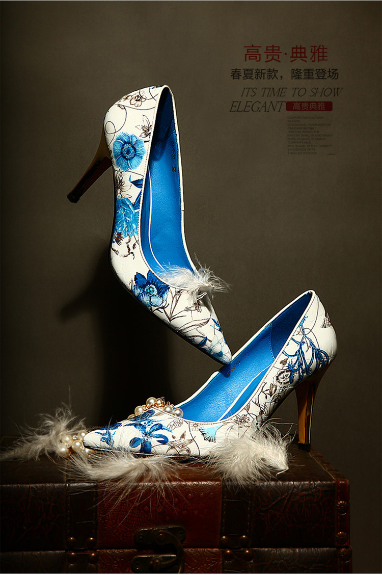 琸娜zhuona新款真皮高跟鞋 青花瓷印花细跟尖头浅口女单鞋z040 白色