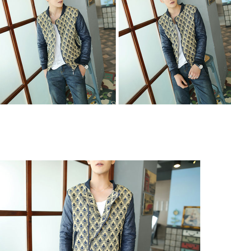 汐洛可 秋冬新款韩版男士拼皮袖夹棉夹克 百搭休闲夹克男 深蓝色 m