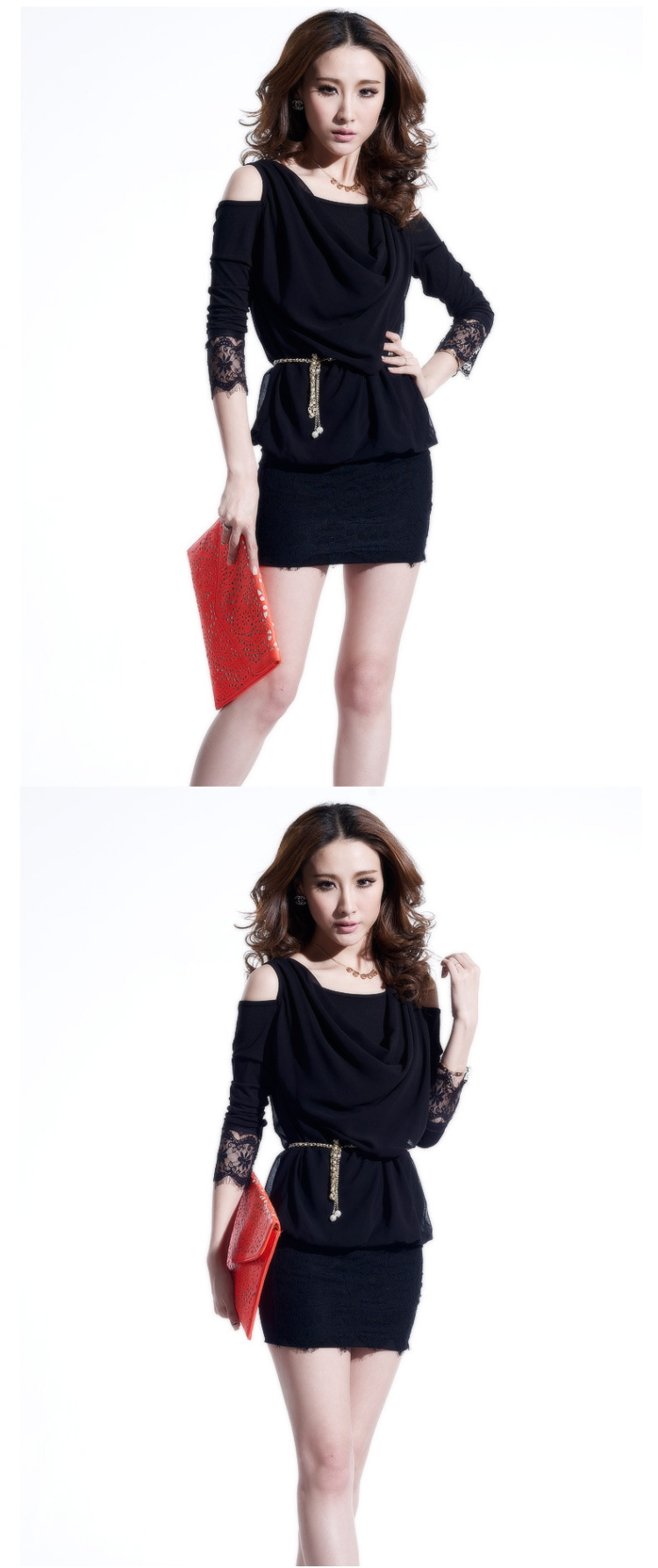 嫒丽思 2014春装新款韩版女装性感露肩蕾丝拼接雪纺连衣裙包臀修身