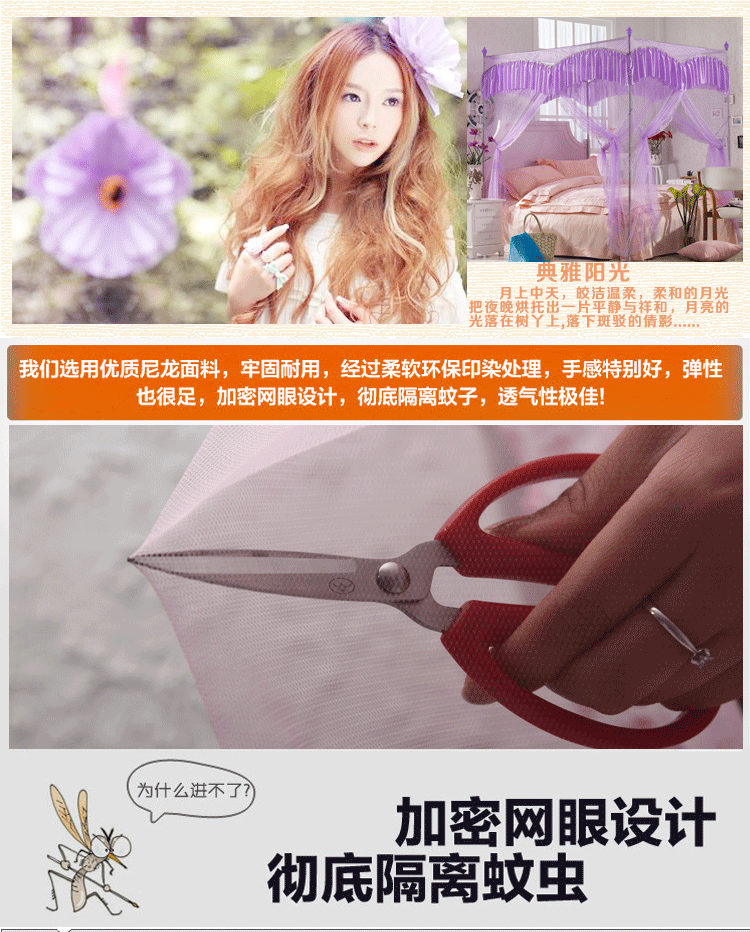
                                        伊路卡 不锈钢蚊帐1.2/1.5/1.8/2米床加粗落地式公主宫廷蚊帐 皇室风情 紫-22mm管 205*220                