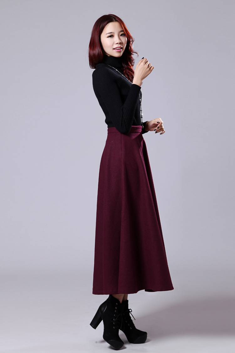 
                                        卓奈Cholenite2015文艺范秋冬半身裙欧美长裙羊毛呢大摆裙女 黑色 XL                