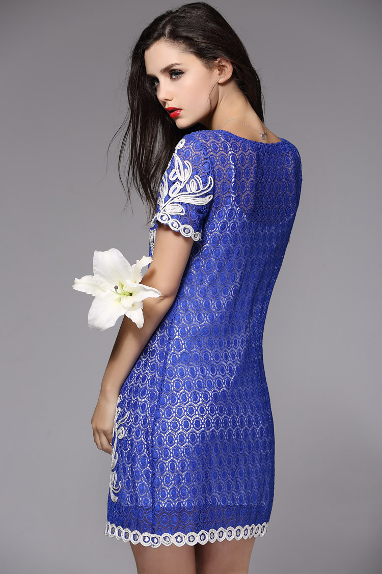 伊莲娜蕾丝裙2014夏季新品女装蓝色镂空荷叶边短袖连衣裙c040116 蓝色