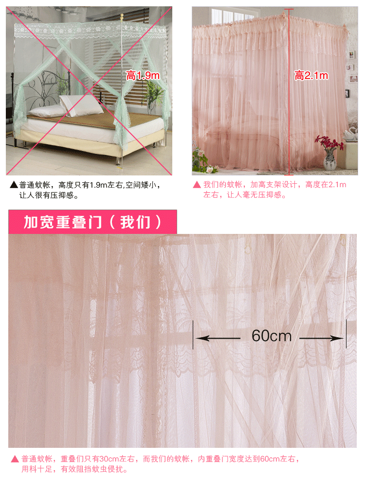 运河家纺 三开门双层蕾丝宫廷帐方顶落地蚊帐加粗加宽蚊帐1.5米1.8米  一帘幽梦-玉色 32mm加粗186*200cm