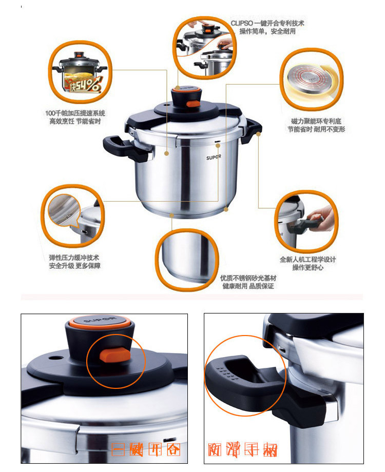 
                                        （SUPOR）苏泊尔压力锅不锈钢高压锅巧易开7.6L/22cm多用蒸锅汤锅电磁炉明火通用D22E                