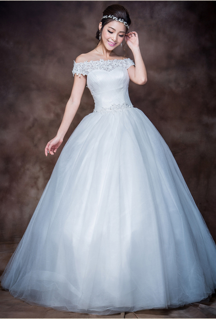 忆红妆蕾丝一字肩2014婚纱礼服 公主蓬蓬婚纱白色绑带春夏新款h138338