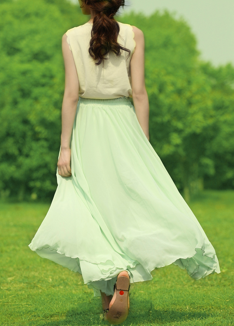 薇树2013新款包臀纱裙雪纺长裙半身裙 仙女裙波西米亚长裙 浅绿色 l