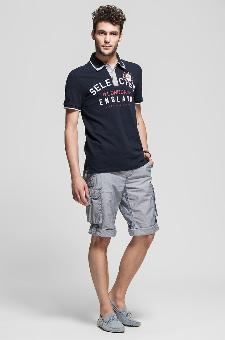 selected纯棉拼接植绒字母图案男士polo衫f|412206024 海军蓝 180/100