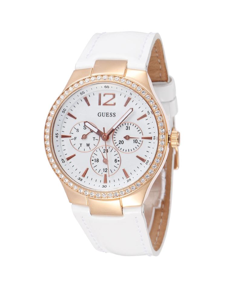 guess/盖尔斯手表腕表w13556l1黄金表盘白色皮革女表