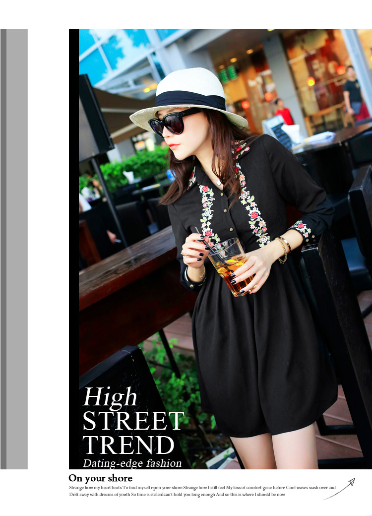 呛口小辣椒 2013新款夏装 刺绣花形图案 连衣裙女 长袖32450045 黑色