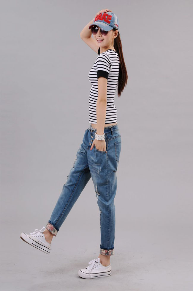 韩版女士排扣哈伦小脚裤 夏装破洞弹力宽松卷边9分裤大码牛仔裤 蓝色