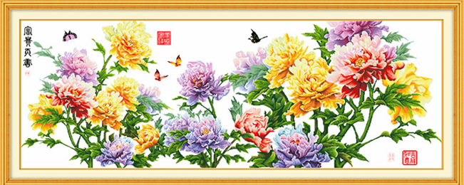 
                                        世轩十字绣成品电脑机绣不带框花草系列花开富贵春 新款花开富贵春成品2米1                