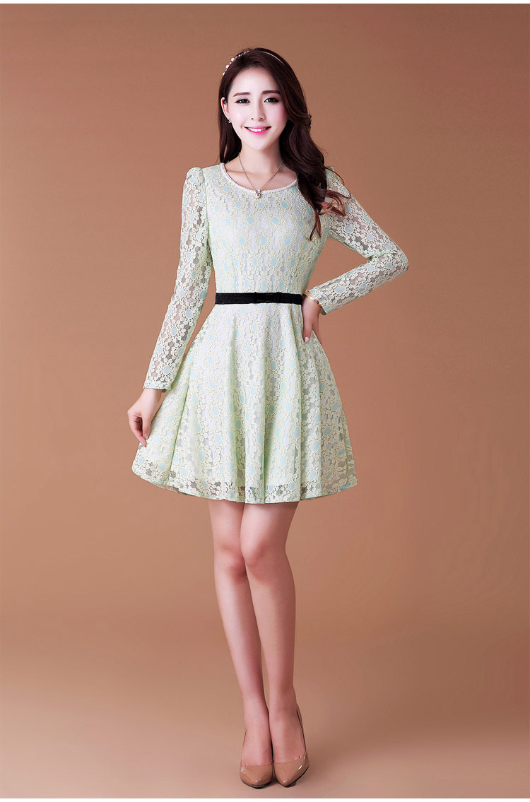 艾欣曼 2013秋季新款韩版气质太阳花蕾丝长袖修身连衣裙