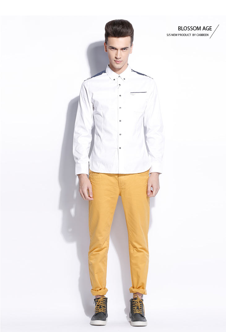 卡宾男装 春装新品 男士商务休闲装 条纹拼接白衬衫b/3131109031 漂
