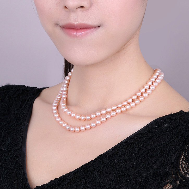 珍珠美人 粉色珍珠项链 女款双排项链 7-8mm 送老婆生日礼物【粉魅流