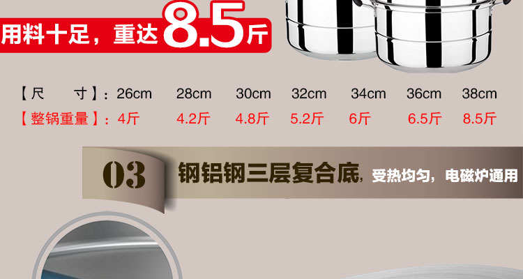 
                                        嘉能26-38cm三层不锈钢复底蒸锅电磁炉可用 无磁三层28cm                