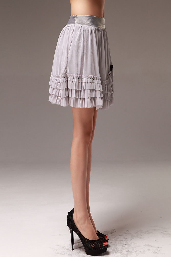 onebuye 网纱百褶花边裙摆蝴蝶结装饰韩版纯色甜美气质女装拉链小a