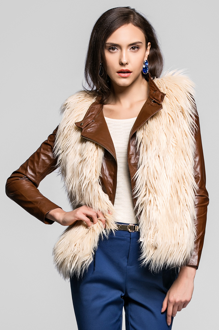 vero moda时尚人造毛圆领皮草女马夹|313334003 051土黄 160/80a/s