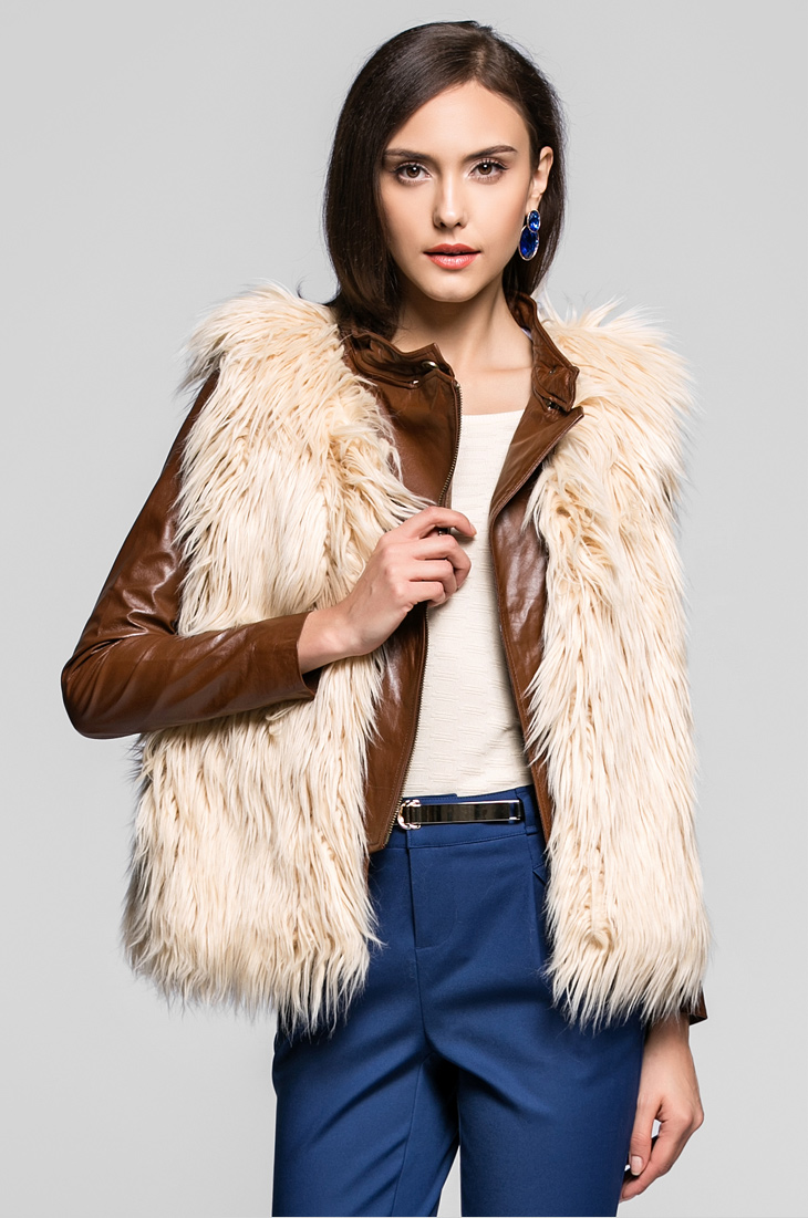 vero moda时尚人造毛圆领皮草女马夹|313334003 051土黄 160/80a/s