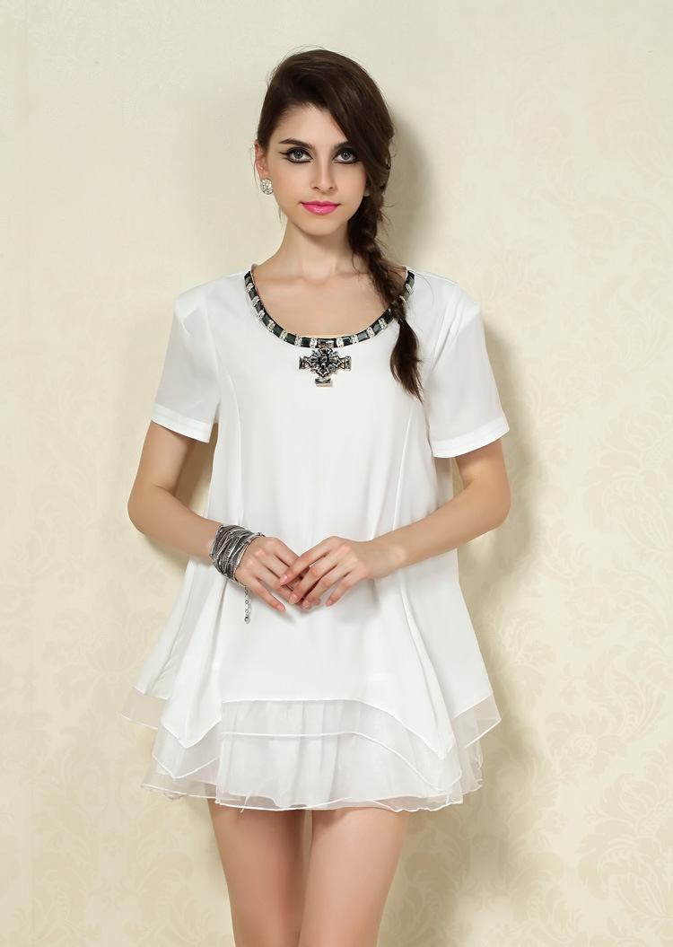 君子惜2014夏装新款雪纺欧根纱拼接宽松显瘦短袖雪纺衫 白色 xl