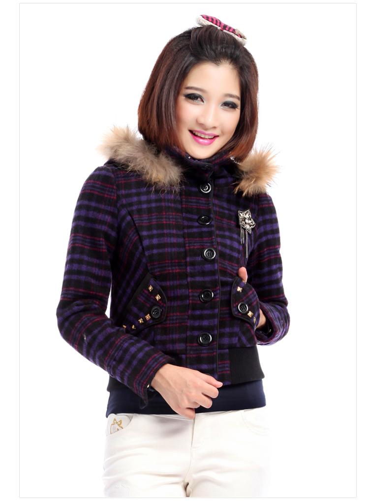 ayilian阿依莲 2013秋冬新品拼罗纹格仔短夹克保暖外套女 dqe04660 深