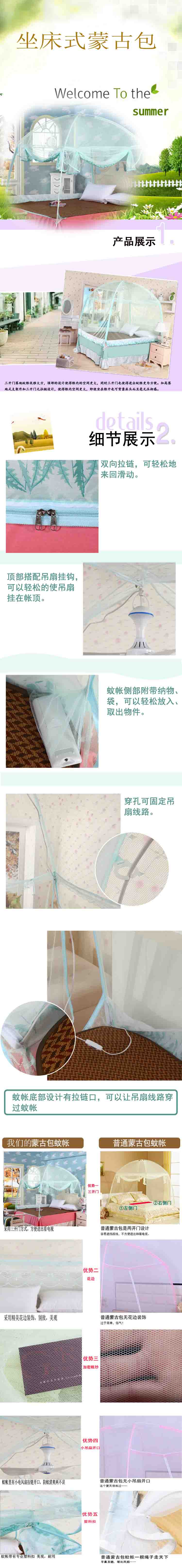 
                                        世庭美三开门加高圆顶蒙古包拉链蚊帐全底有底1.2/1.8米/200cmx220cm床 2.0x2.2m床                