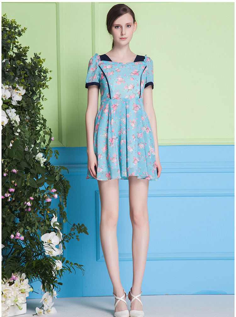 女装 连衣裙 菲阁(forge) 菲阁2014夏装新款方领修身大方花色雪纺