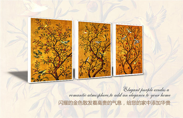
                                        格丽油画 现代装饰画欧式壁画有框画客厅挂画卧室玄关墙画三联画 黄金硕果 黄金硕果系列-三联画 35*70cm实木有框画                