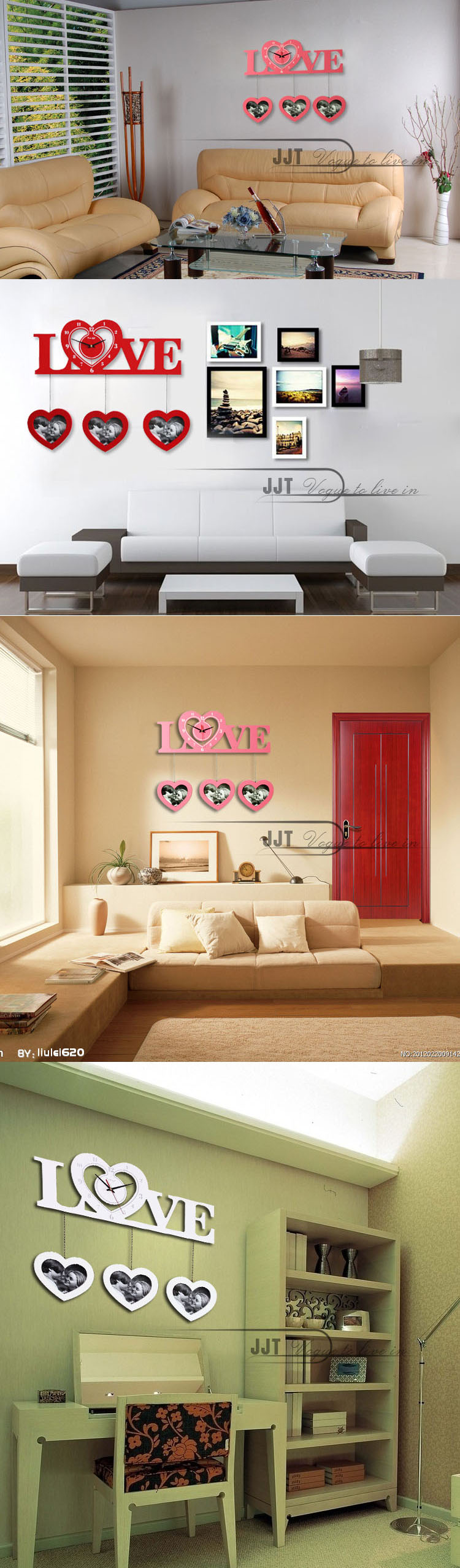 
                                        久久达创意LOVE爱心挂钟家居时尚钟表静音相框钟M8164B 红色                