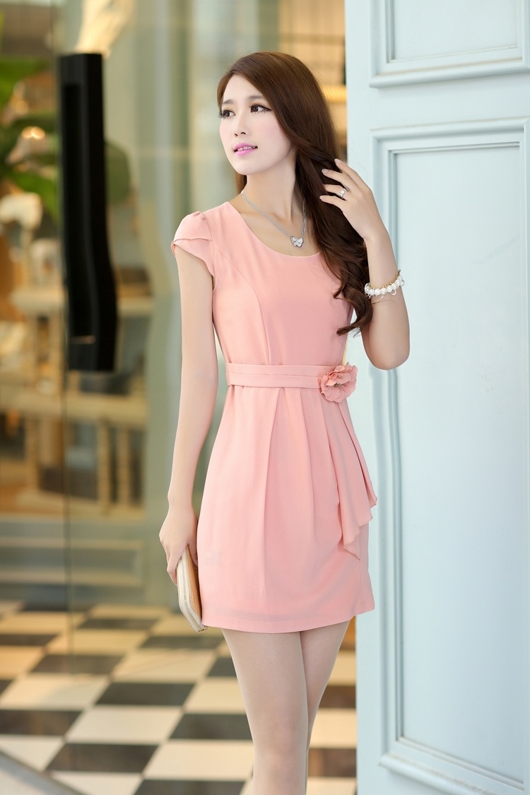 伊若拉夏装新款短袖绣花修身连衣裙圆领花苞袖裙子 jsym8055蓝色 m