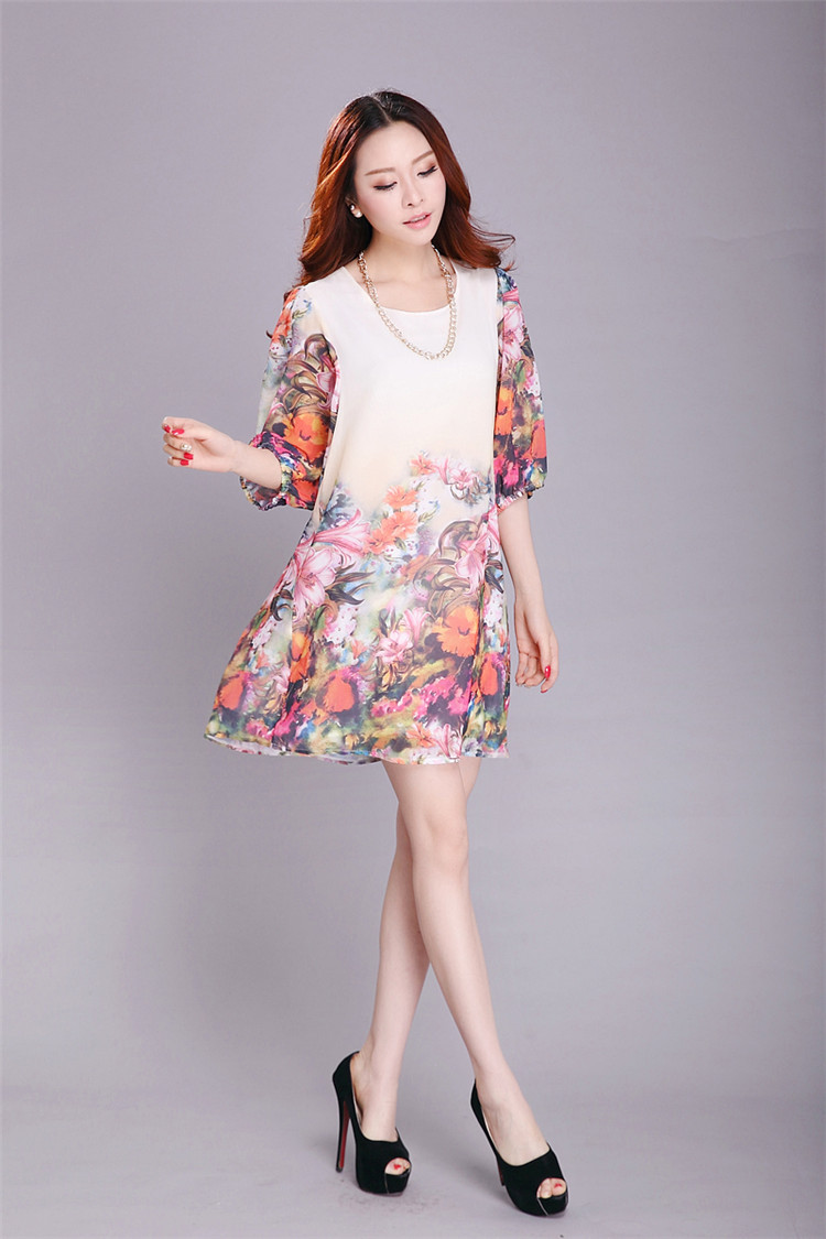 2014韩版新款女装五分灯笼袖宽松雪纺大码连衣裙879# 桔色芙蓉花 xxl