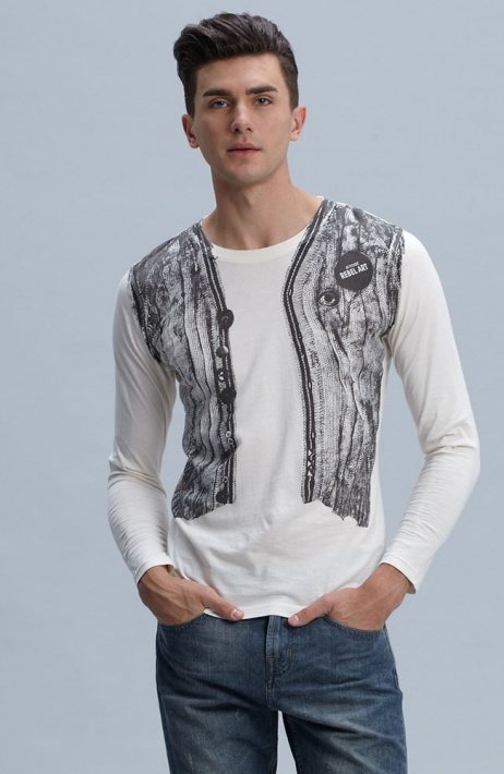 mecity男款长袖t恤男装印毛背心长袖t恤511023吊牌价199 漂白 180/105