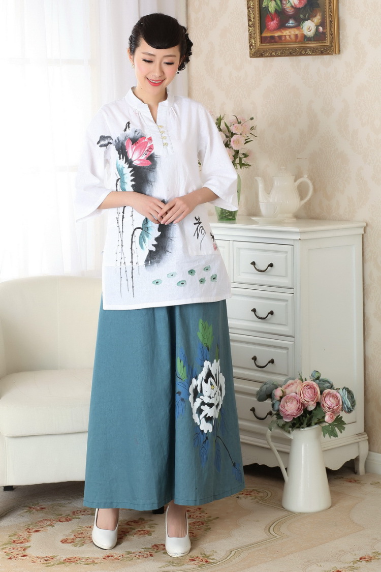 
                                        杰塞威斯 女装中国风复古插袋棉麻松紧腰大摆裙长裙手绘 半身裙女 TP0010# 如图 M                