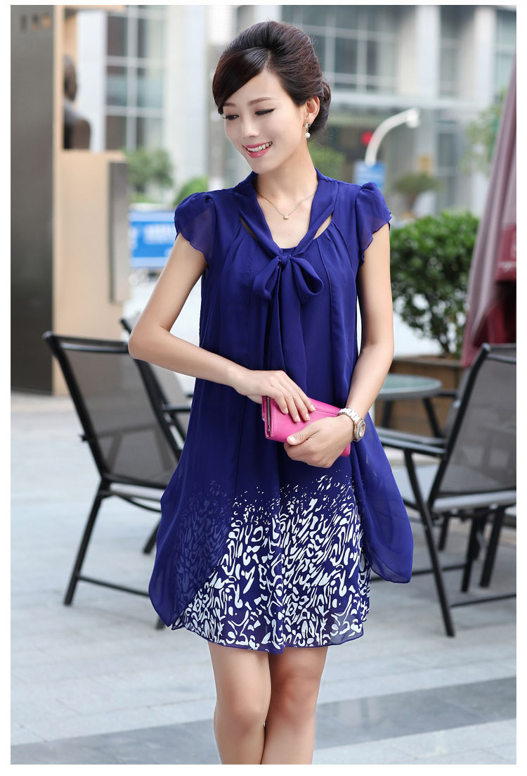 亚瑟魔衣 中老年女装夏 妈妈装韩版印花中长款短袖雪纺大码连衣裙 海