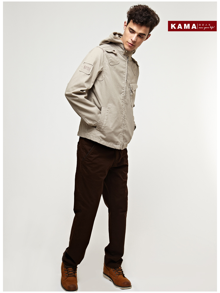 男装 外套 卡玛kama 男士扣拉装饰连帽拉链休闲外.