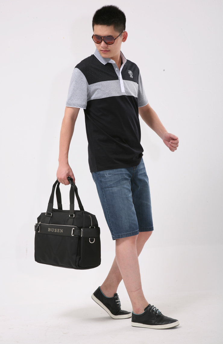 busen/步森 春夏男装纯丝光棉休闲polo衫短袖翻领t恤 黑色印花