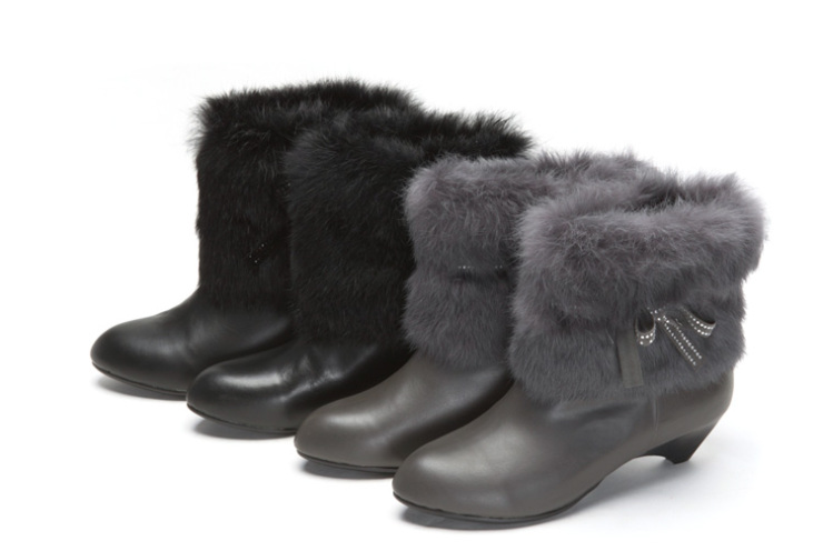 诗vanies 蝴蝶结系带兔毛短靴 秋冬真皮中跟女靴子 冬季清仓332524