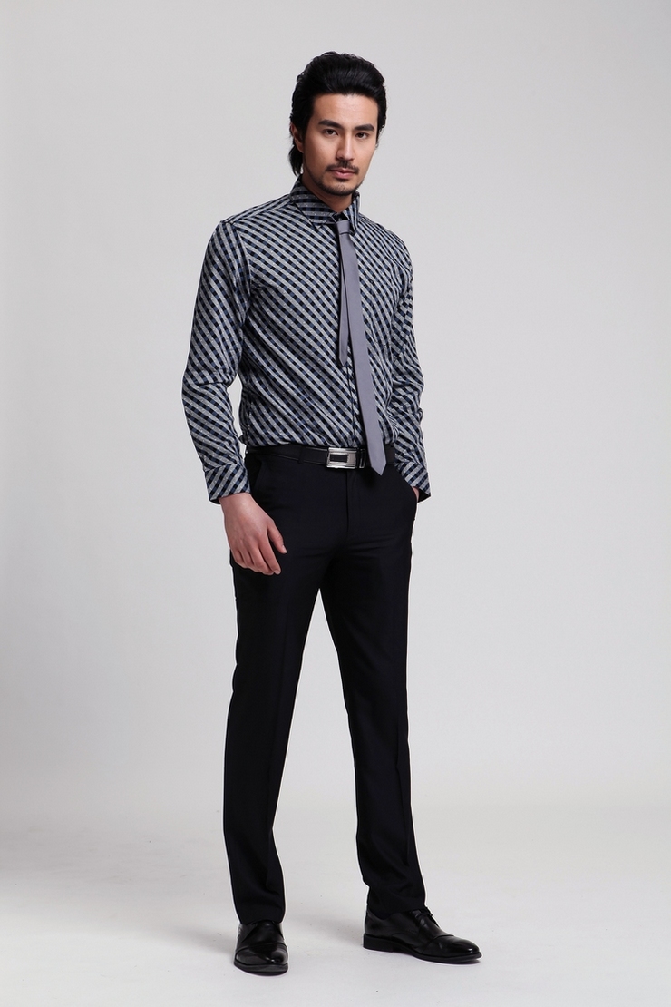 【步云男装】商务休闲 斜纹格子印花 纯棉 长袖衬衫 zz 11082129 如图