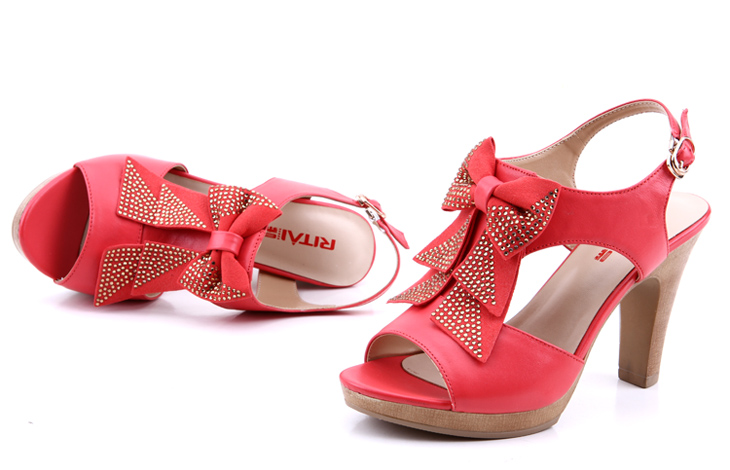 日泰夏季新品糖果色ol时尚休闲诱惑鱼嘴水钻蝴蝶结女式粗高跟凉鞋0572