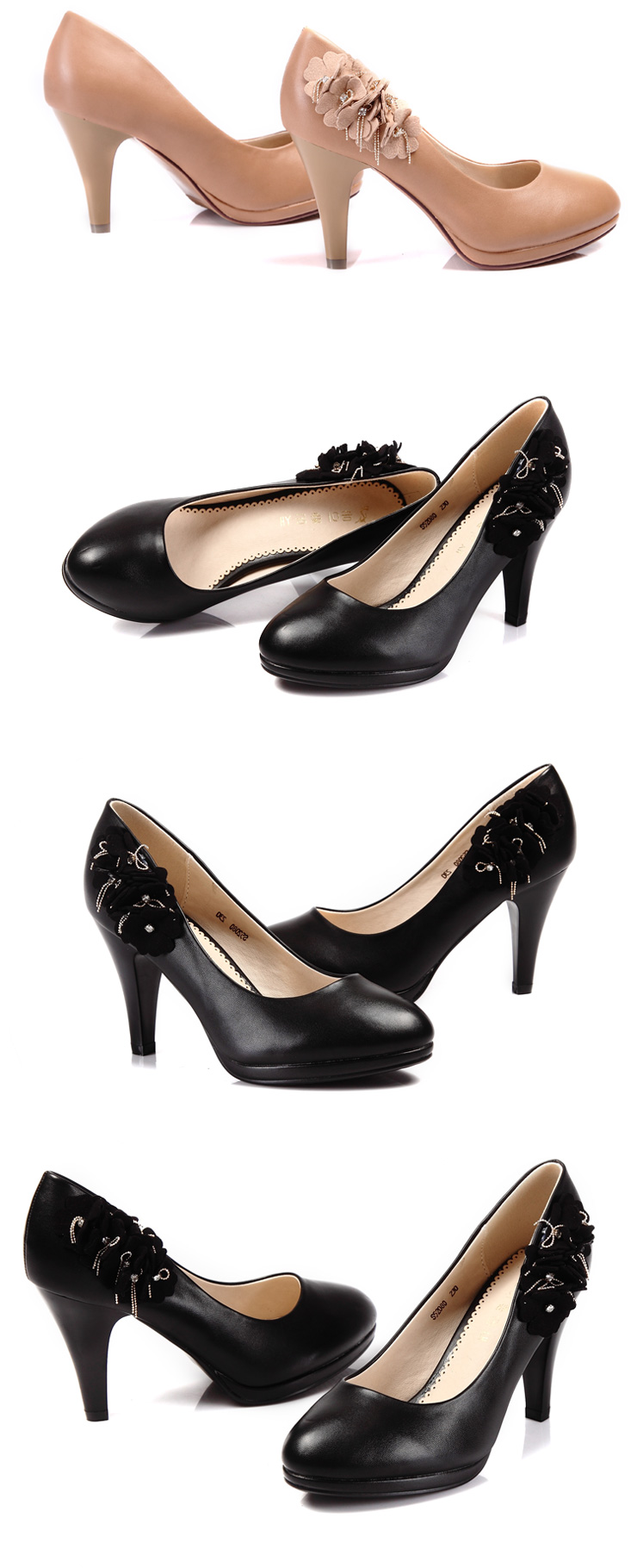 luckybird幸运鸟 时尚新款圆头花朵尾饰女鞋新品复古防水台高跟单鞋