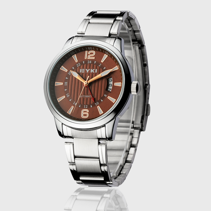 2012新款 eyki艾奇 全自动机械日历钢带手表 8538 优雅棕色