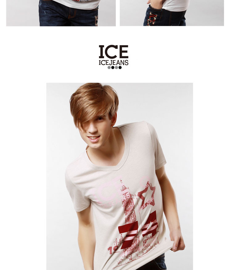 ice男装 2013夏装新款男士v领纯棉短袖t恤 个性印花英伦休闲t恤 白色