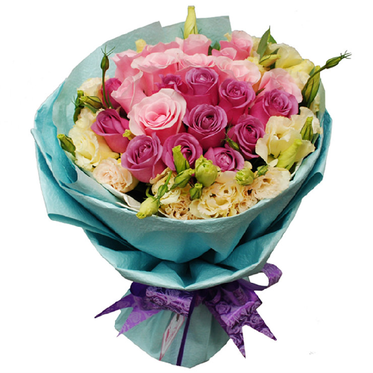 商品简介: 花材:11枝玛利亚玫瑰,11枝紫色玫瑰,洋桔梗,绿叶搭配,蓝色