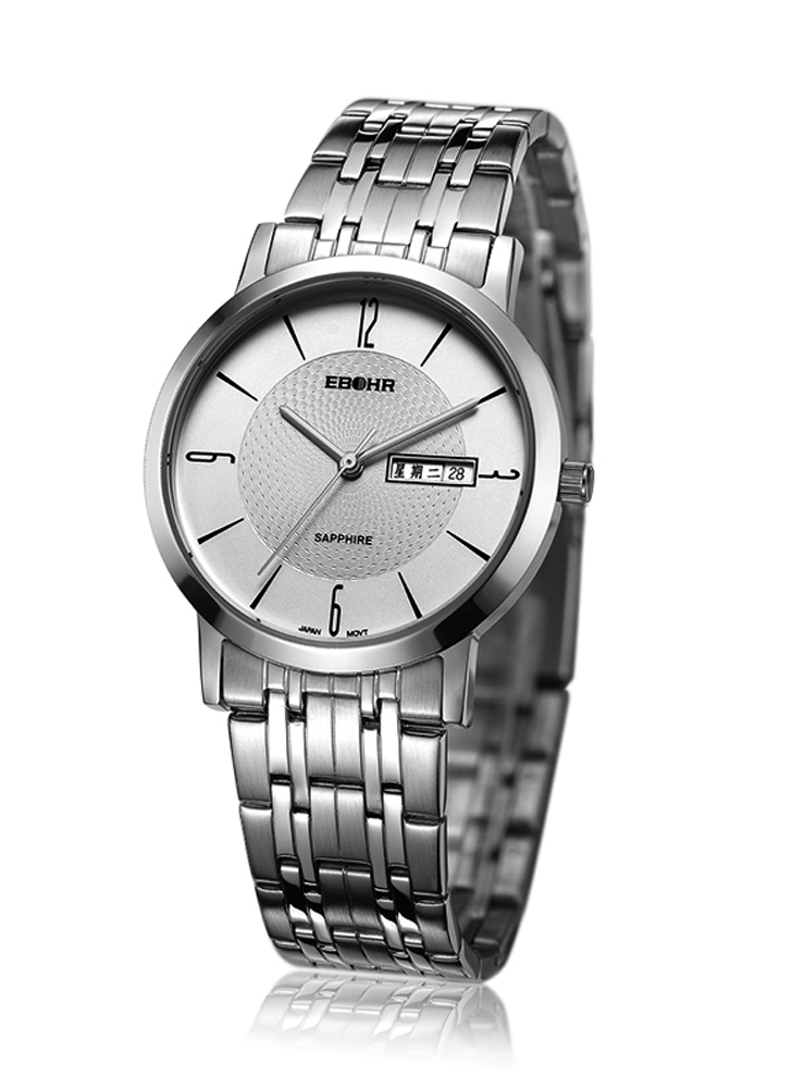 依波表 ebohr 天翼系列 双日历 不锈钢带 石英男士腕表 10450512