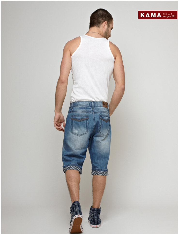 kama卡玛 男士五分猫须磨白图案翻边牛仔短裤 2212216 中蓝色 38
