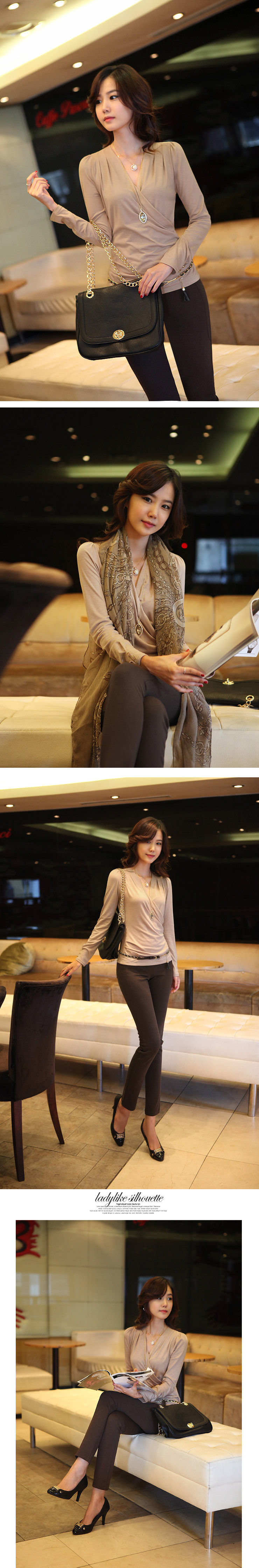 特价尚贵华 秋冬韩版V领纯棉纯色修身长袖女式打底衬衣 酒红色 XL